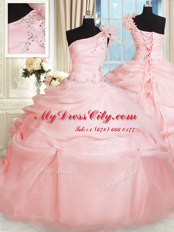 Perfect One Shoulder Pink Sleeveless Organza Lace Up Sweet 16 Dress for Military Ball and Sweet 16 and Quinceanera