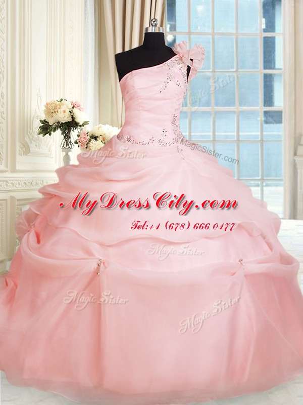 Perfect One Shoulder Pink Sleeveless Organza Lace Up Sweet 16 Dress for Military Ball and Sweet 16 and Quinceanera