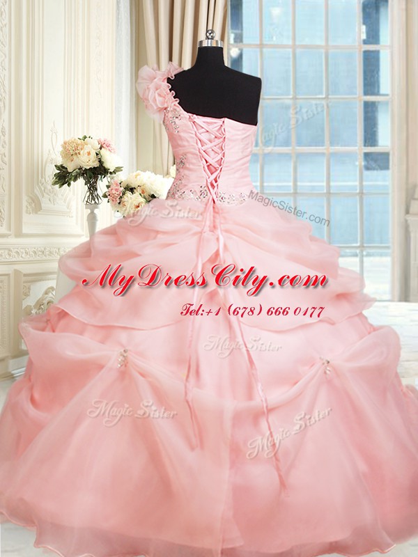 Perfect One Shoulder Pink Sleeveless Organza Lace Up Sweet 16 Dress for Military Ball and Sweet 16 and Quinceanera