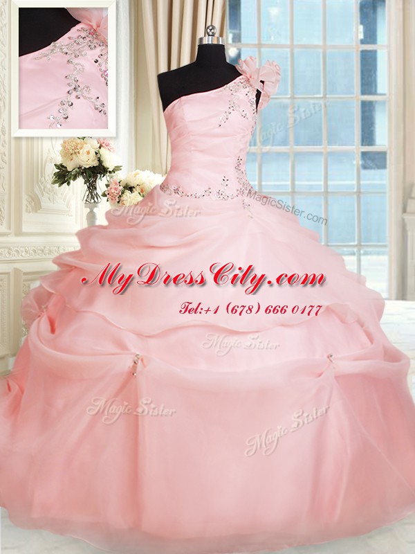 Perfect One Shoulder Pink Sleeveless Organza Lace Up Sweet 16 Dress for Military Ball and Sweet 16 and Quinceanera