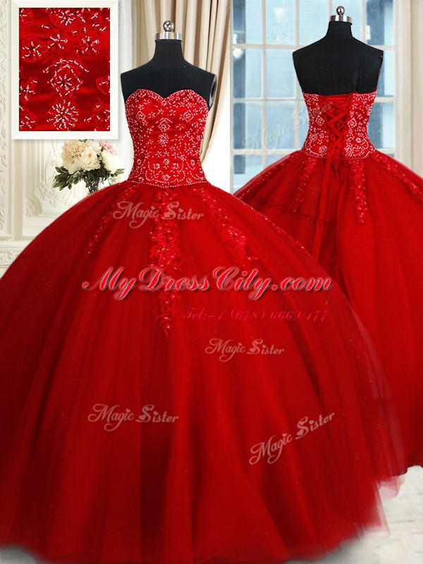 Red Tulle Lace Up Sweetheart Sleeveless Floor Length Sweet 16 Dresses Beading and Appliques