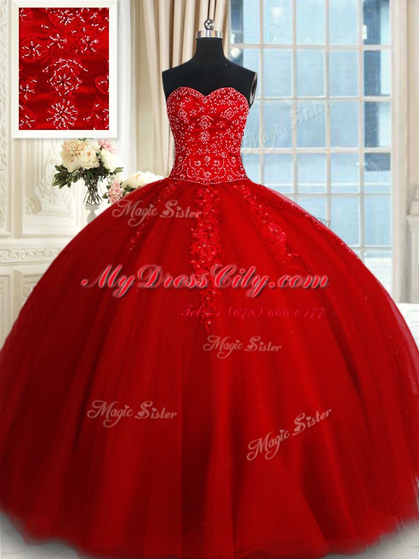 Red Tulle Lace Up Sweetheart Sleeveless Floor Length Sweet 16 Dresses Beading and Appliques