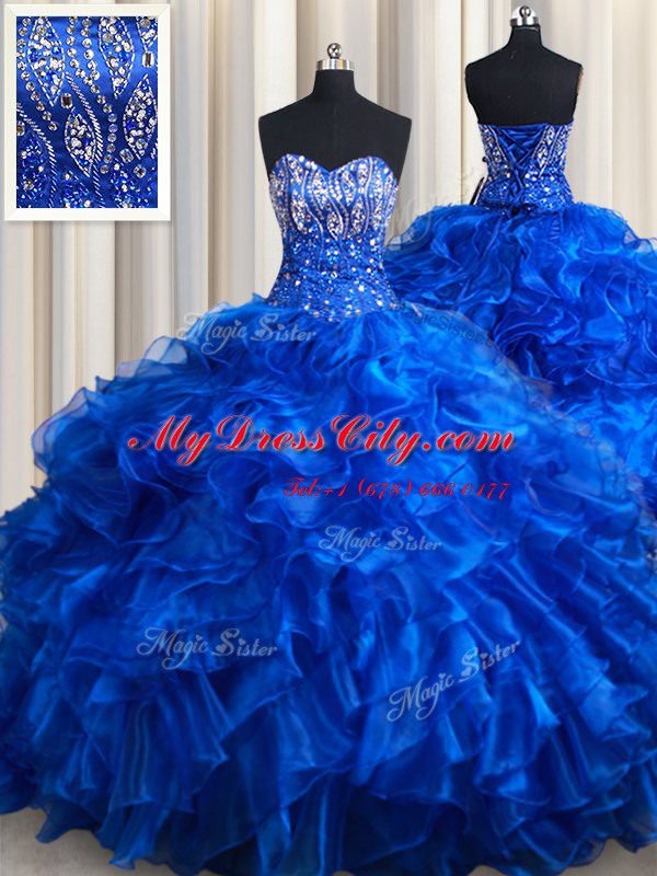 Comfortable Royal Blue Ball Gowns Beading and Ruffles Sweet 16 Quinceanera Dress Lace Up Organza Sleeveless