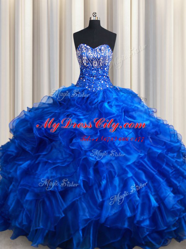 Comfortable Royal Blue Ball Gowns Beading and Ruffles Sweet 16 Quinceanera Dress Lace Up Organza Sleeveless