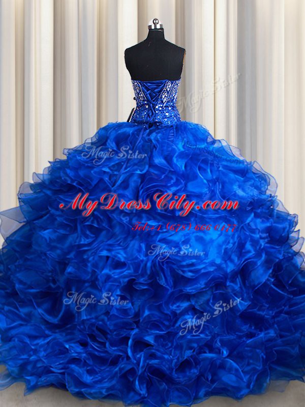 Comfortable Royal Blue Ball Gowns Beading and Ruffles Sweet 16 Quinceanera Dress Lace Up Organza Sleeveless