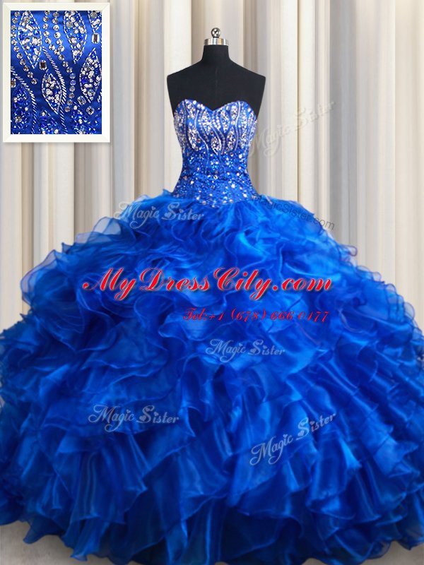 Comfortable Royal Blue Ball Gowns Beading and Ruffles Sweet 16 Quinceanera Dress Lace Up Organza Sleeveless