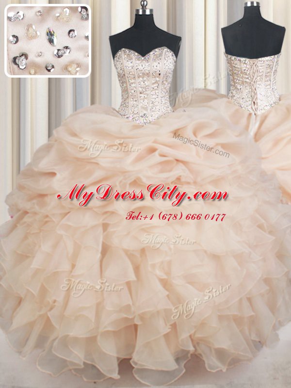 Champagne Ball Gowns Organza Sweetheart Sleeveless Beading and Ruffles and Pick Ups Floor Length Lace Up Ball Gown Prom Dress