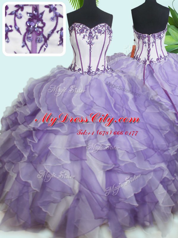 Classical White And Purple Sleeveless Floor Length Beading and Ruffles Lace Up Sweet 16 Dresses