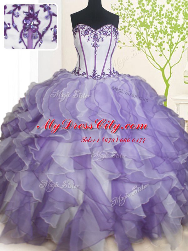 Classical White And Purple Sleeveless Floor Length Beading and Ruffles Lace Up Sweet 16 Dresses