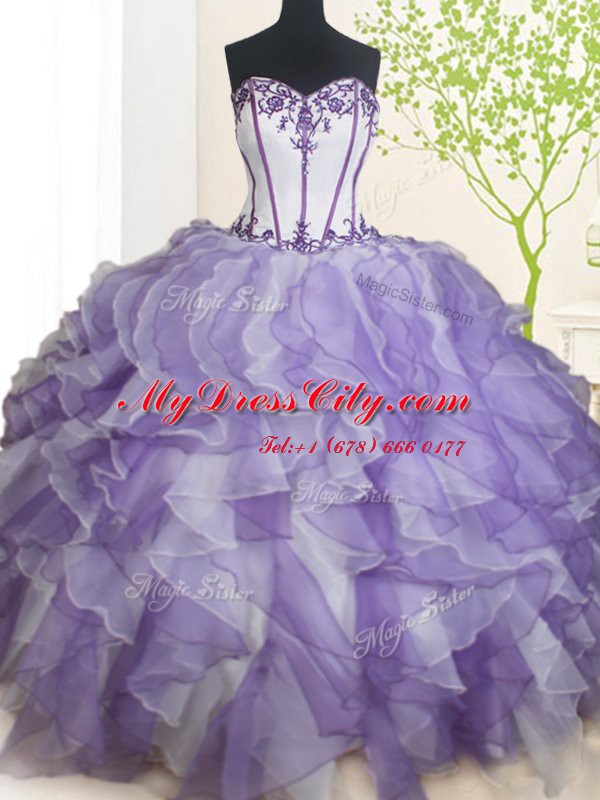 Classical White And Purple Sleeveless Floor Length Beading and Ruffles Lace Up Sweet 16 Dresses