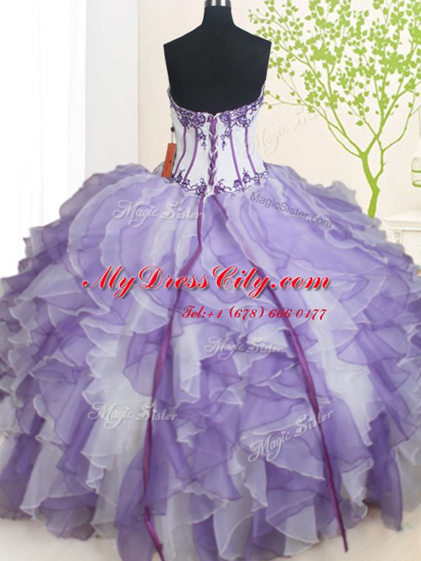 Classical White And Purple Sleeveless Floor Length Beading and Ruffles Lace Up Sweet 16 Dresses