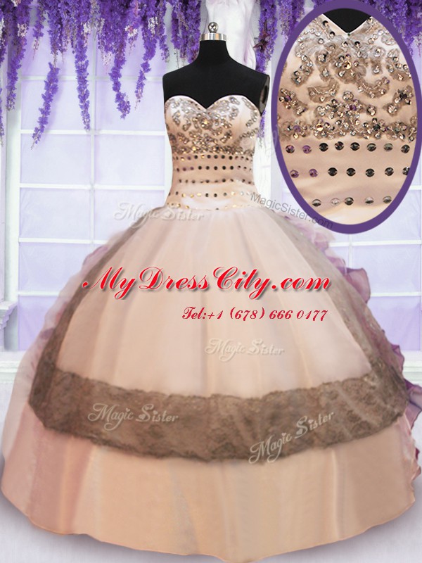 Multi-color Organza and Taffeta Lace Up Quince Ball Gowns Sleeveless Floor Length Beading and Lace and Ruffles