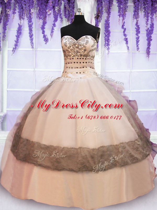 Multi-color Organza and Taffeta Lace Up Quince Ball Gowns Sleeveless Floor Length Beading and Lace and Ruffles