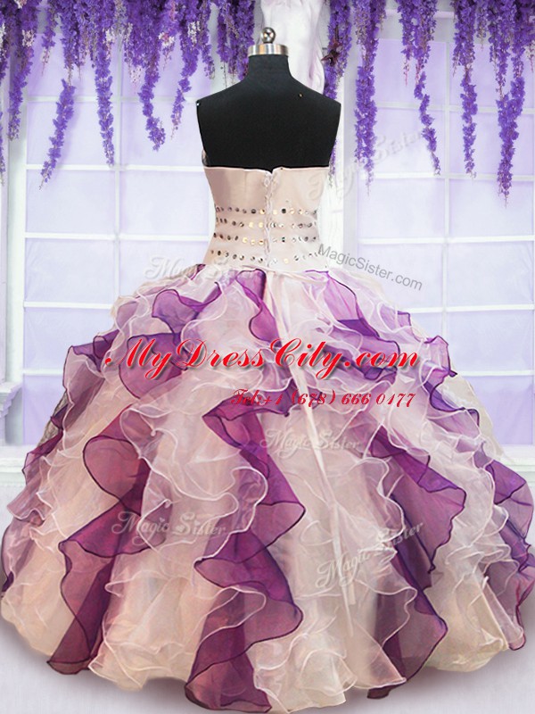 Multi-color Organza and Taffeta Lace Up Quince Ball Gowns Sleeveless Floor Length Beading and Lace and Ruffles