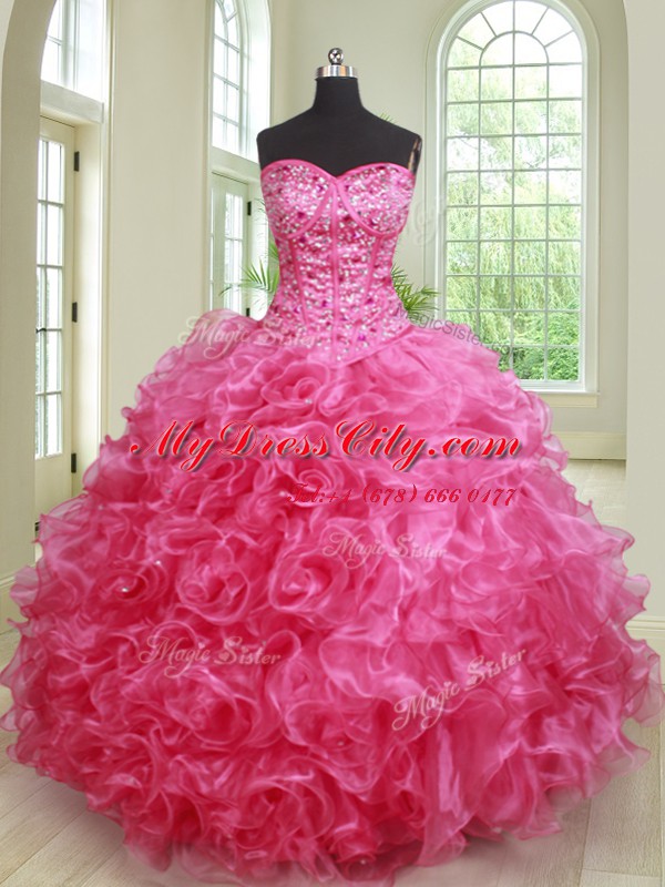 Luxury Floor Length Hot Pink 15 Quinceanera Dress Sweetheart Sleeveless Lace Up