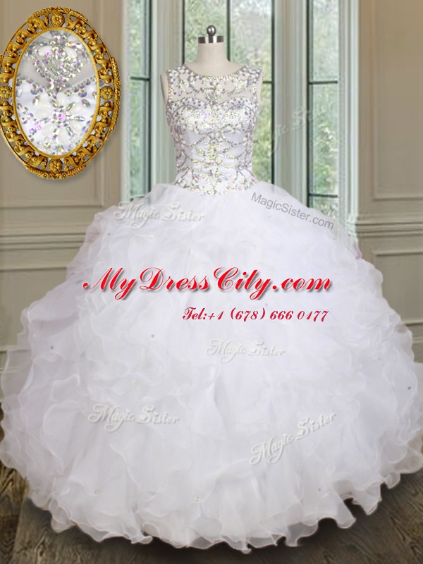 Fashionable Scoop White Ball Gowns Beading and Ruffles Sweet 16 Quinceanera Dress Lace Up Organza Sleeveless Floor Length