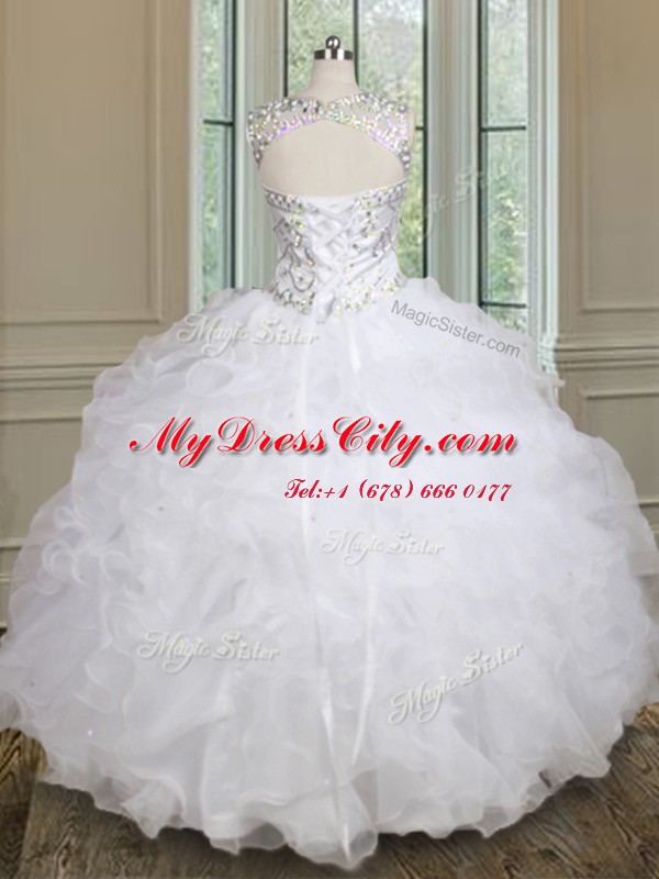 Fashionable Scoop White Ball Gowns Beading and Ruffles Sweet 16 Quinceanera Dress Lace Up Organza Sleeveless Floor Length