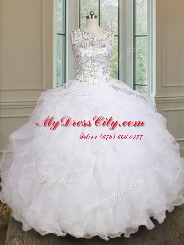 Fashionable Scoop White Ball Gowns Beading and Ruffles Sweet 16 Quinceanera Dress Lace Up Organza Sleeveless Floor Length