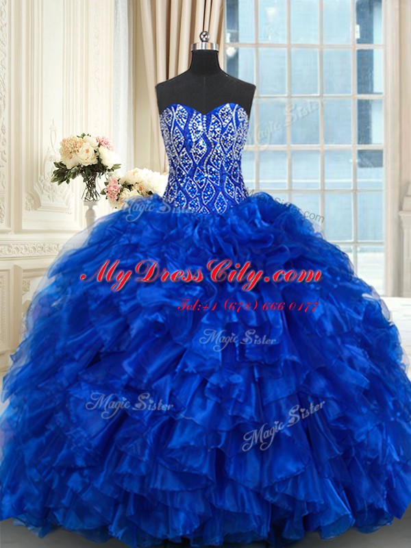 Royal Blue Sleeveless Brush Train Beading and Ruffles With Train Ball Gown Prom Dress