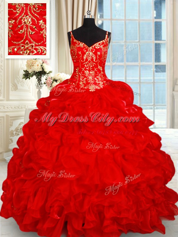 Simple Red Organza Lace Up Spaghetti Straps Sleeveless Quinceanera Gowns Brush Train Beading and Ruffles and Pick Ups