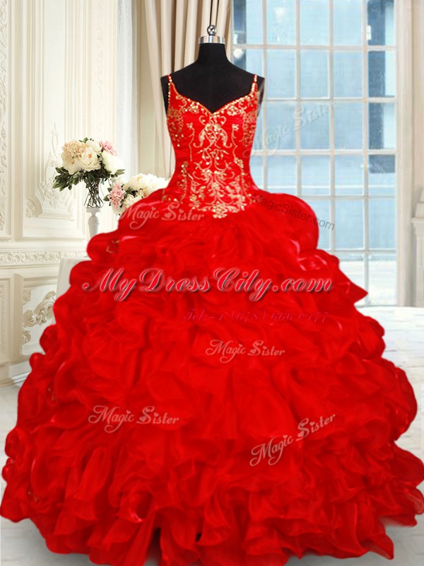 Simple Red Organza Lace Up Spaghetti Straps Sleeveless Quinceanera Gowns Brush Train Beading and Ruffles and Pick Ups