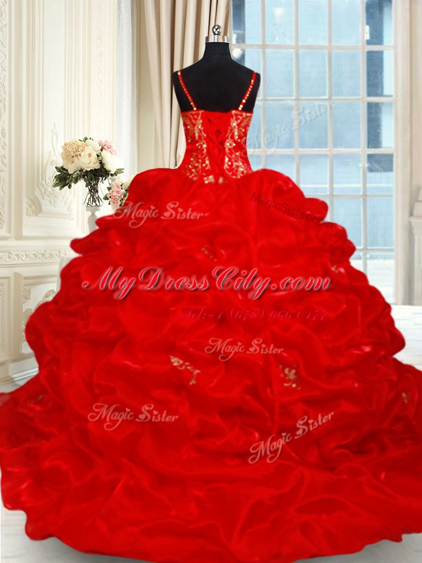 Simple Red Organza Lace Up Spaghetti Straps Sleeveless Quinceanera Gowns Brush Train Beading and Ruffles and Pick Ups