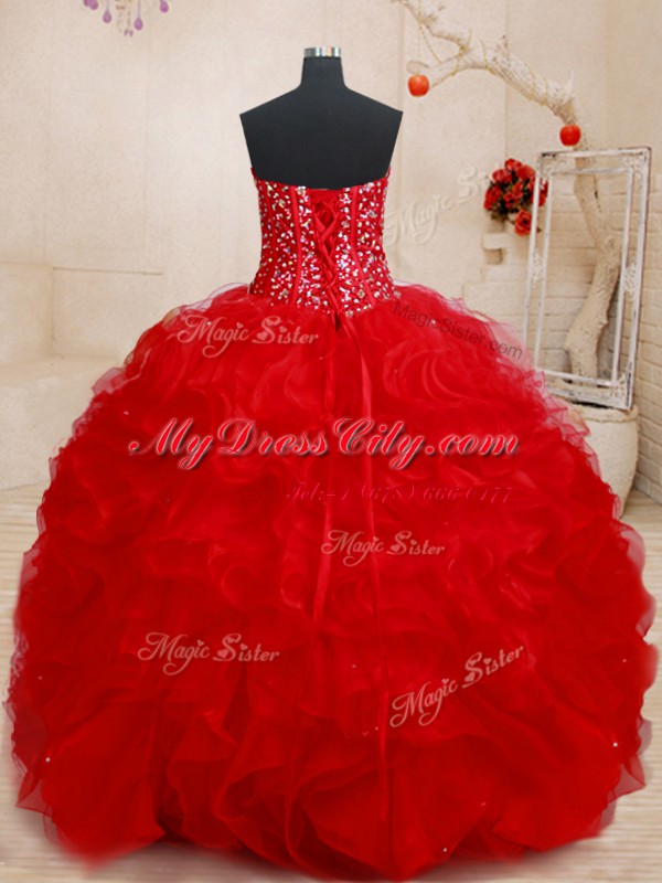 Red Organza Lace Up Sweet 16 Dress Sleeveless Floor Length Beading and Ruffles