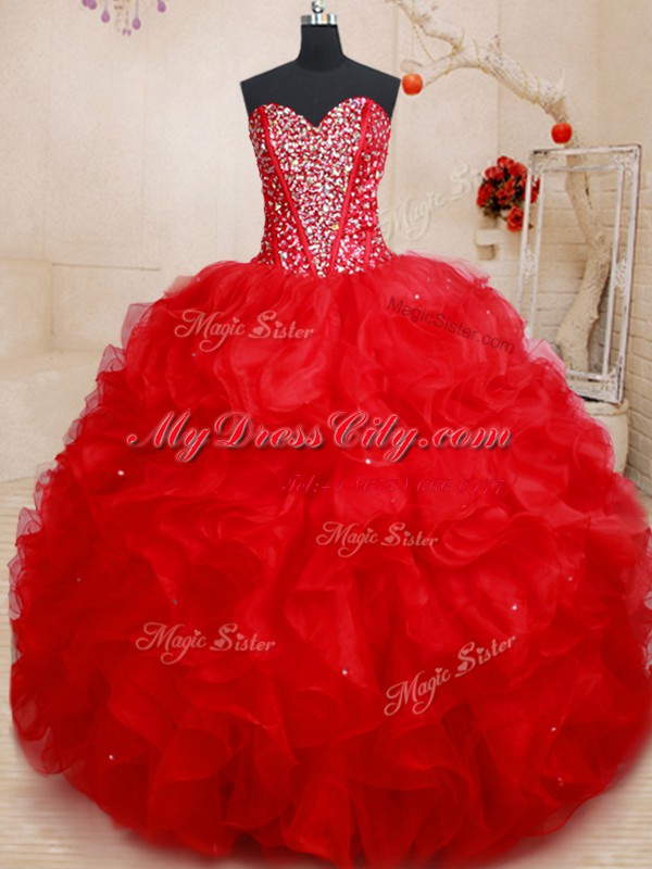 Red Organza Lace Up Sweet 16 Dress Sleeveless Floor Length Beading and Ruffles