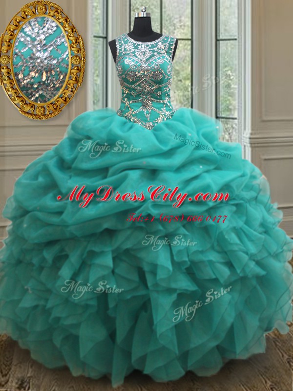 Scoop See Through Turquoise Organza Lace Up Quinceanera Dress Sleeveless Floor Length Beading and Ruffles and Pick Ups