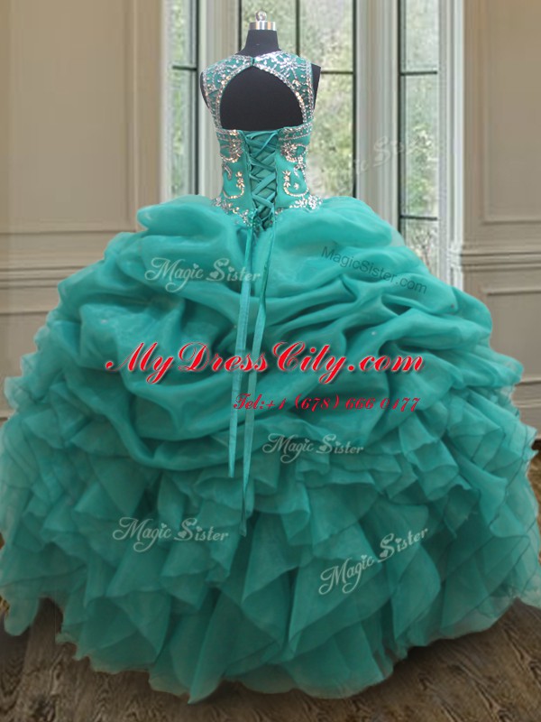 Scoop See Through Turquoise Organza Lace Up Quinceanera Dress Sleeveless Floor Length Beading and Ruffles and Pick Ups