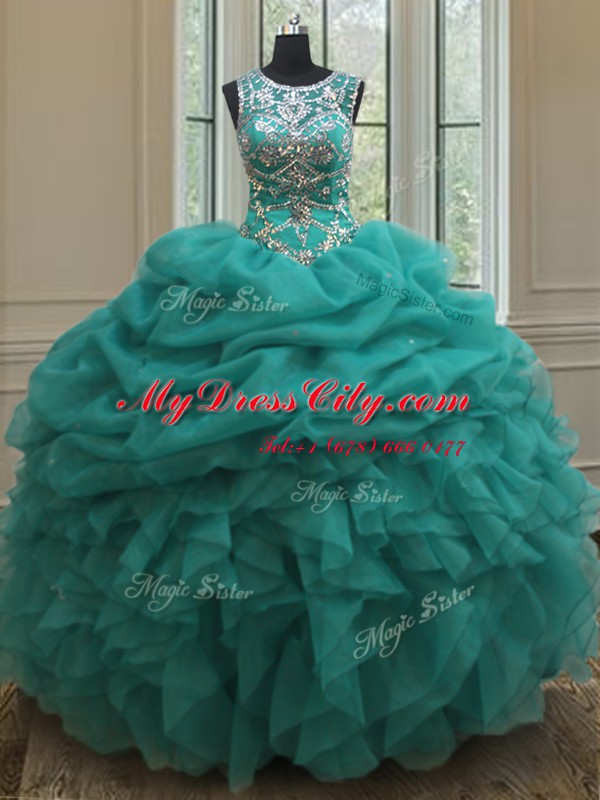 Scoop See Through Turquoise Organza Lace Up Quinceanera Dress Sleeveless Floor Length Beading and Ruffles and Pick Ups