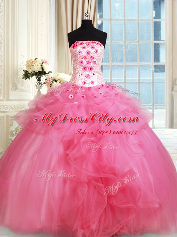 High Class Floor Length Lace Up Quinceanera Dress Hot Pink for Military Ball and Sweet 16 and Quinceanera with Beading and Appliques and Ruffles