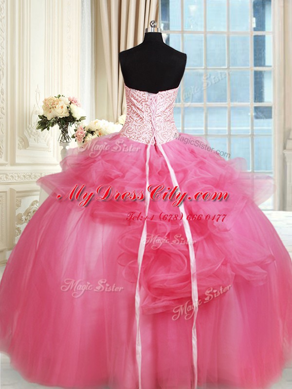 High Class Floor Length Lace Up Quinceanera Dress Hot Pink for Military Ball and Sweet 16 and Quinceanera with Beading and Appliques and Ruffles