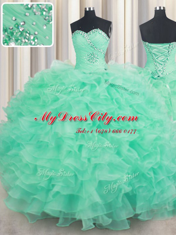 Sumptuous Sweetheart Sleeveless Organza Sweet 16 Dresses Beading and Ruffles Lace Up