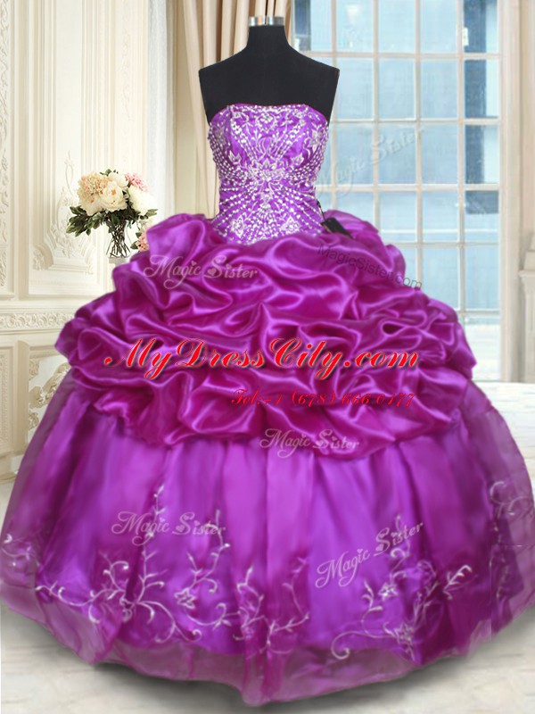 Chic Floor Length Eggplant Purple Vestidos de Quinceanera Organza Sleeveless Beading and Embroidery and Pick Ups