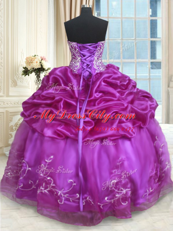 Chic Floor Length Eggplant Purple Vestidos de Quinceanera Organza Sleeveless Beading and Embroidery and Pick Ups