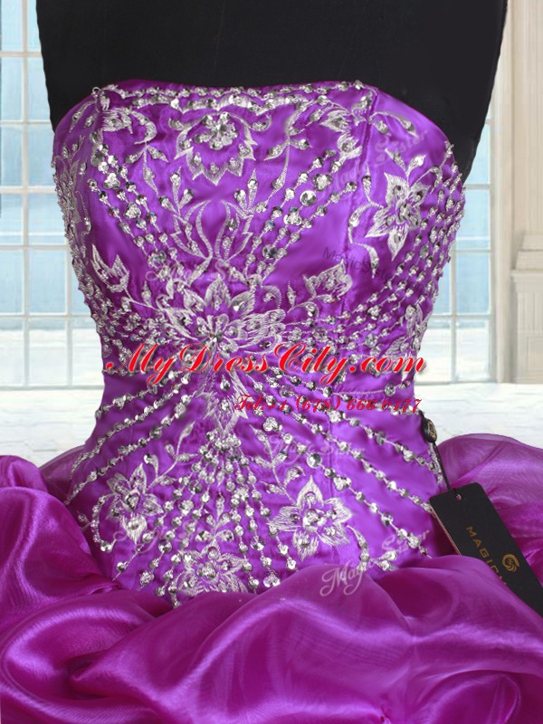 Chic Floor Length Eggplant Purple Vestidos de Quinceanera Organza Sleeveless Beading and Embroidery and Pick Ups