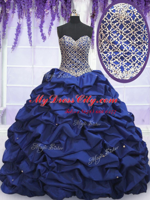 Royal Blue Sleeveless Beading and Pick Ups Floor Length Ball Gown Prom Dress