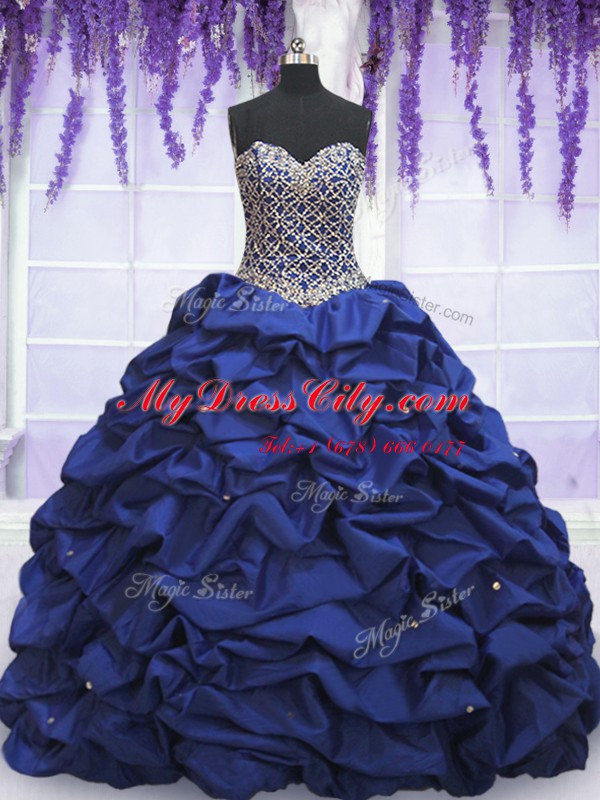 Royal Blue Sleeveless Beading and Pick Ups Floor Length Ball Gown Prom Dress