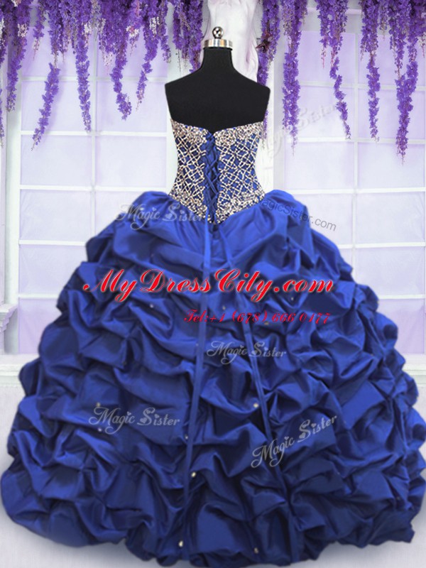 Royal Blue Sleeveless Beading and Pick Ups Floor Length Ball Gown Prom Dress