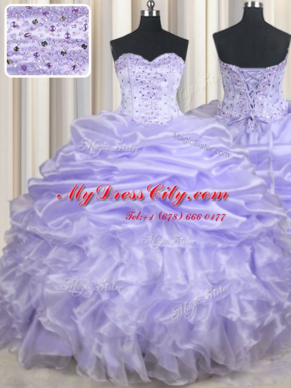 Lavender Ball Gowns Organza Sweetheart Sleeveless Beading and Ruffles and Pick Ups Floor Length Lace Up Quinceanera Dresses