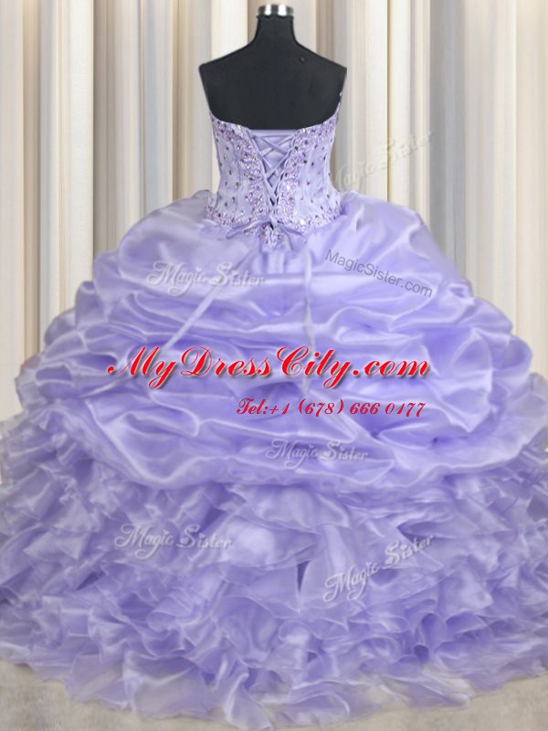 Lavender Ball Gowns Organza Sweetheart Sleeveless Beading and Ruffles and Pick Ups Floor Length Lace Up Quinceanera Dresses