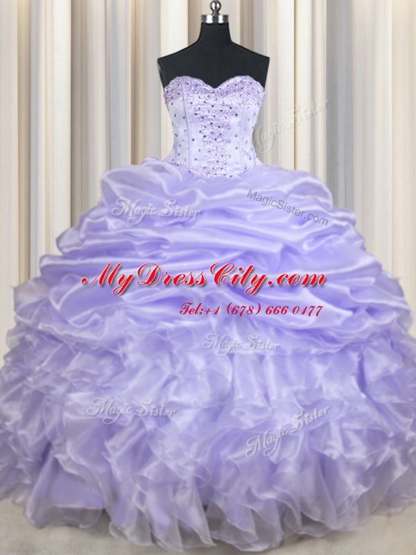 Lavender Ball Gowns Organza Sweetheart Sleeveless Beading and Ruffles and Pick Ups Floor Length Lace Up Quinceanera Dresses