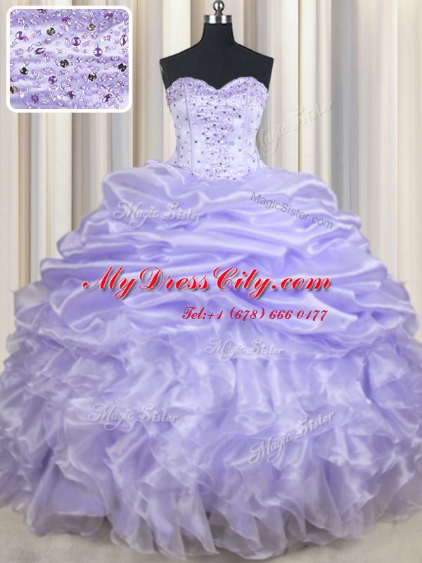 Lavender Ball Gowns Organza Sweetheart Sleeveless Beading and Ruffles and Pick Ups Floor Length Lace Up Quinceanera Dresses