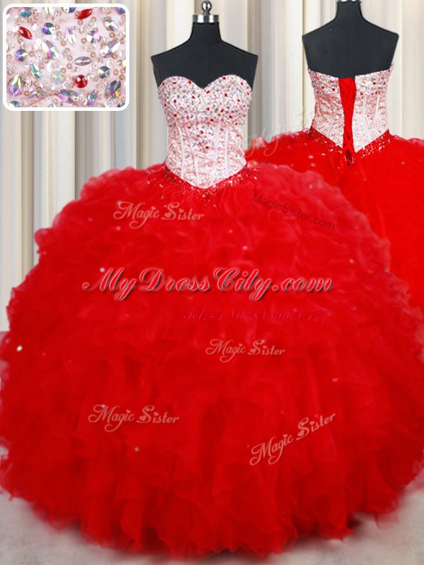 Red Sleeveless Floor Length Beading and Ruffles Lace Up Quince Ball Gowns