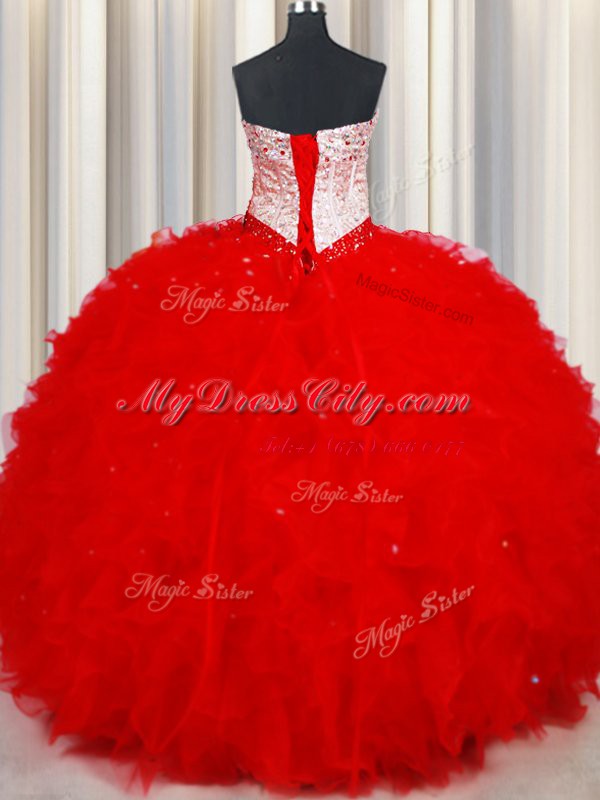 Red Sleeveless Floor Length Beading and Ruffles Lace Up Quince Ball Gowns