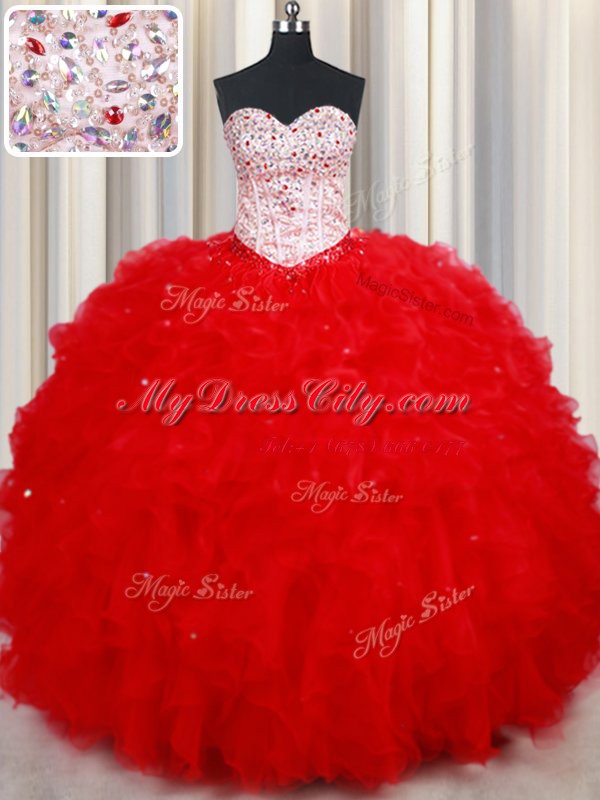 Red Sleeveless Floor Length Beading and Ruffles Lace Up Quince Ball Gowns