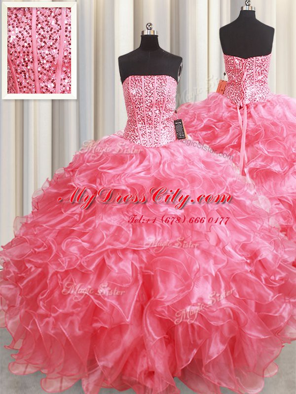 Dramatic Floor Length Pink Sweet 16 Dresses Organza Sleeveless Beading and Ruffles