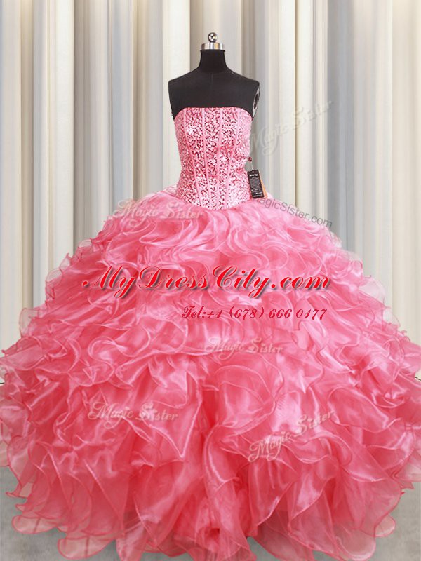 Dramatic Floor Length Pink Sweet 16 Dresses Organza Sleeveless Beading and Ruffles