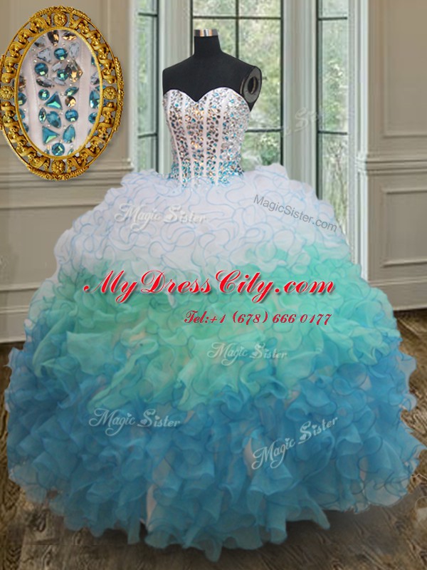 Captivating Multi-color Lace Up Ball Gown Prom Dress Beading and Ruffles Sleeveless Floor Length